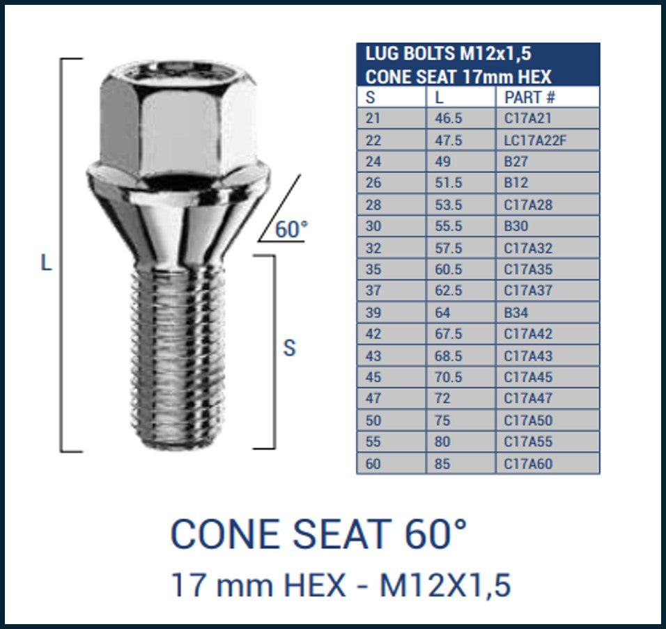 Extended Bolts M12x1.5 60 Degree Bolts